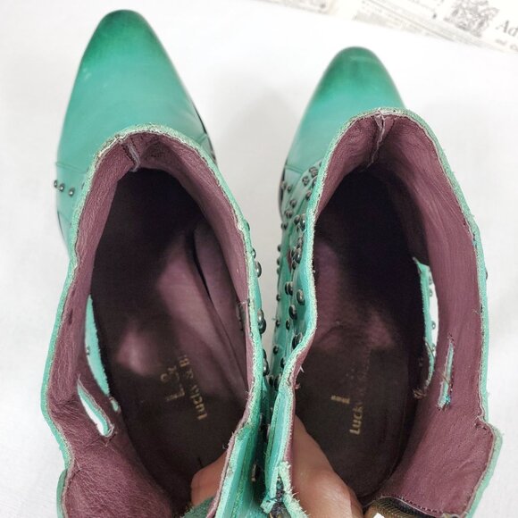 SOLD Lucky & Blessed Turquoise Leather Studded Cutout Western Cowboy Ankle Boots - Picture 9 of 12